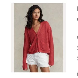 Polo RL Rib-Knit Linen V-Neck Cardigan in Sunrise Red